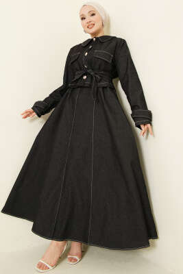 Kuşaklı Düğmeli Kot Jile İkili Takım Siyah - MUSTİ