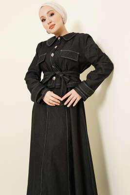 Kuşaklı Düğmeli Kot Jile İkili Takım Siyah - İkili Takım