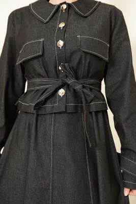 Kuşaklı Düğmeli Kot Jile İkili Takım Siyah - İkili Takım