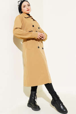 Kuşaklı Düğmeli Kruvaze Yaka Trençkot Camel - 500-700 TL Ürünler