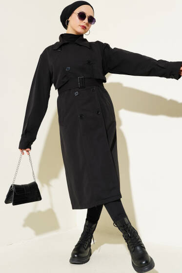 Kuşaklı Düğmeli Kruvaze Yaka Trençkot Siyah - Trençkot