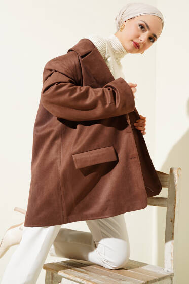 Kuşaklı Düğmeli Süet Ceket Kahve - Ceket