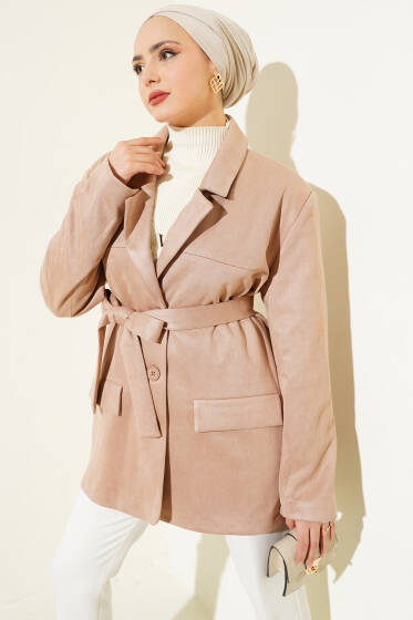 Kuşaklı Düğmeli Süet Ceket Vizon - Ceket