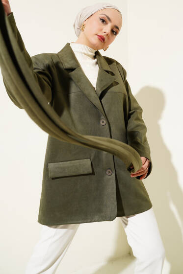 Kuşaklı Düğmeli Süet Ceket Yeşil - Ceket