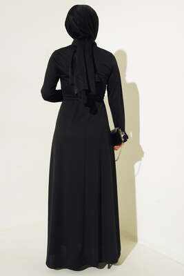 Kuşaklı Düz Mira Elbise Siyah - Thumbnail