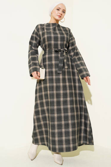 Kuşaklı Ekose Desenli Kloş Elbise Haki - Elbise