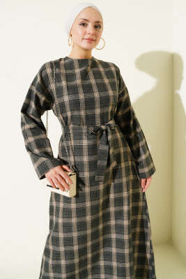 Kuşaklı Ekose Desenli Kloş Elbise Haki - Elbise