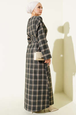 Kuşaklı Ekose Desenli Kloş Elbise Haki - Elbise