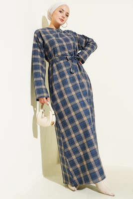 Kuşaklı Ekose Desenli Kloş Elbise İndigo - ELİVA