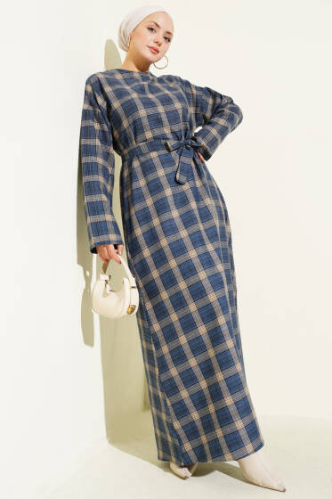 Kuşaklı Ekose Desenli Kloş Elbise İndigo - Elbise