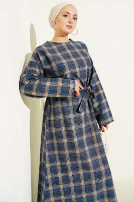 Kuşaklı Ekose Desenli Kloş Elbise İndigo - Elbise