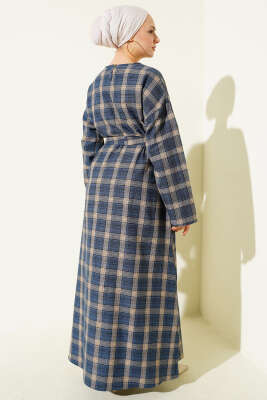 Kuşaklı Ekose Desenli Kloş Elbise İndigo - Elbise
