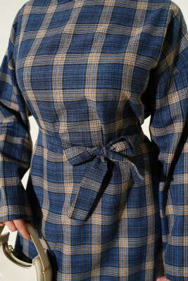 Kuşaklı Ekose Desenli Kloş Elbise İndigo - Elbise