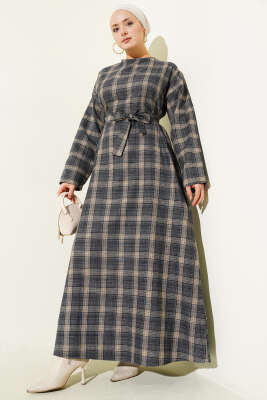 Kuşaklı Ekose Desenli Kloş Elbise Lacivert - ELİVA