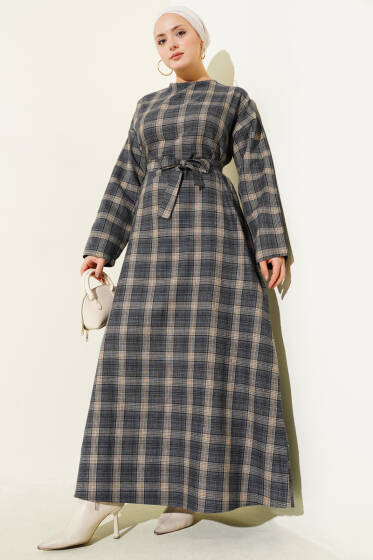 Kuşaklı Ekose Desenli Kloş Elbise Lacivert - Elbise