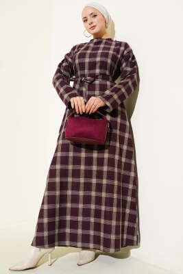 Kuşaklı Ekose Desenli Kloş Elbise Mürdüm - ELİVA