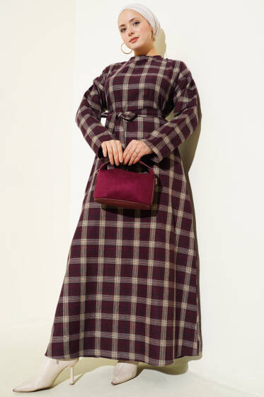 Kuşaklı Ekose Desenli Kloş Elbise Mürdüm - Elbise