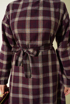 Kuşaklı Ekose Desenli Kloş Elbise Mürdüm - Elbise