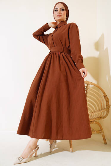 Kuşaklı Etekli İkili Takım Kahve - Elbise