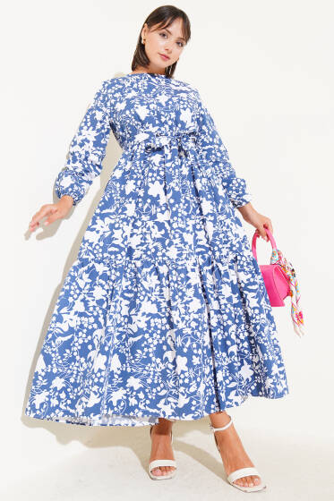 Kuşaklı Etnik Desen Elbise Indıgo - Elbise