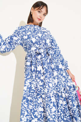 Kuşaklı Etnik Desen Elbise Indıgo - Tesettür Elbise