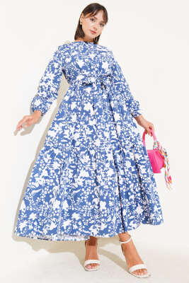 Kuşaklı Etnik Desen Elbise Indıgo 