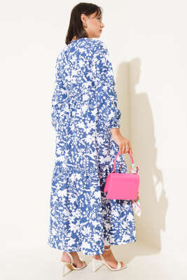 Kuşaklı Etnik Desen Elbise Indıgo - Tesettür Elbise