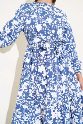 Kuşaklı Etnik Desen Elbise Indıgo - Tesettür Elbise