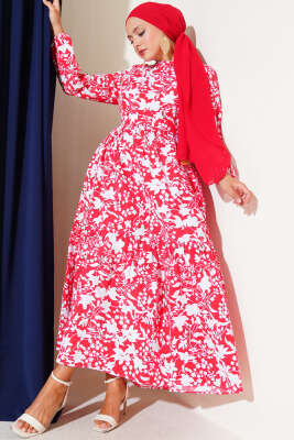 Kuşaklı Etnik Desen Elbise Kırmızı 
