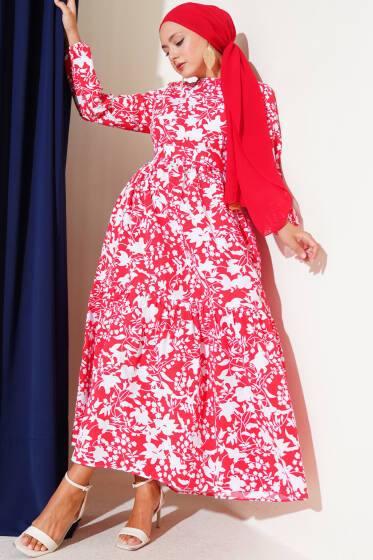 Kuşaklı Etnik Desen Elbise Kırmızı - Tesettür Elbise