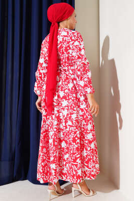 Kuşaklı Etnik Desen Elbise Kırmızı - Tesettür Elbise