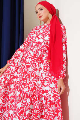 Kuşaklı Etnik Desen Elbise Kırmızı - Tesettür Elbise