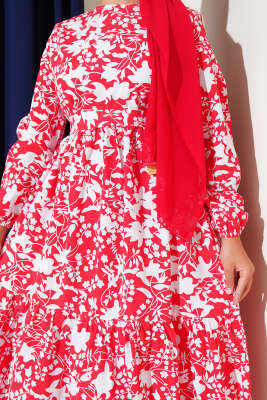 Kuşaklı Etnik Desen Elbise Kırmızı - Tesettür Elbise