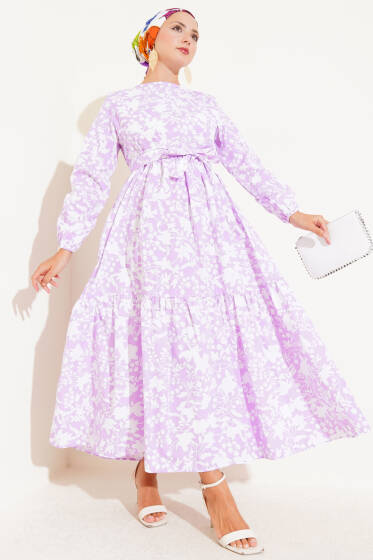 Kuşaklı Etnik Desen Elbise Lila - Elbise