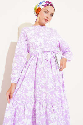 Kuşaklı Etnik Desen Elbise Lila - Tesettür Elbise