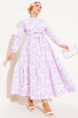 Kuşaklı Etnik Desen Elbise Lila 