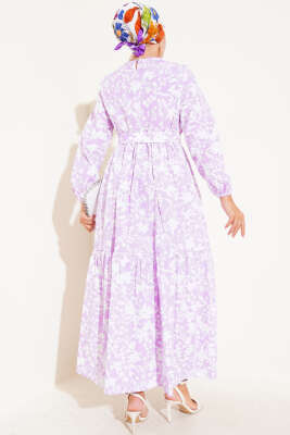 Kuşaklı Etnik Desen Elbise Lila - Tesettür Elbise