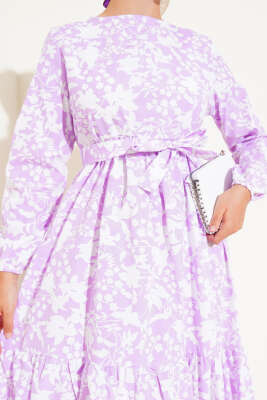 Kuşaklı Etnik Desen Elbise Lila - Tesettür Elbise