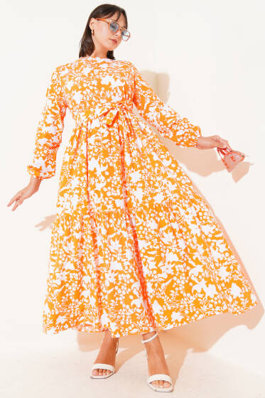 Kuşaklı Etnik Desen Elbise Oranj - Elbise