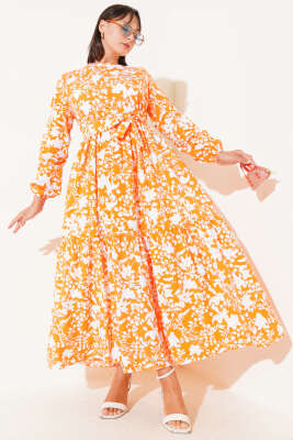 Kuşaklı Etnik Desen Elbise Oranj - TEGOE