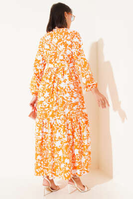 Kuşaklı Etnik Desen Elbise Oranj - Tesettür Elbise