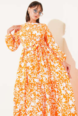 Kuşaklı Etnik Desen Elbise Oranj - Tesettür Elbise