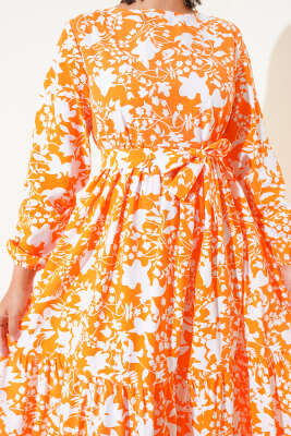 Kuşaklı Etnik Desen Elbise Oranj - Tesettür Elbise