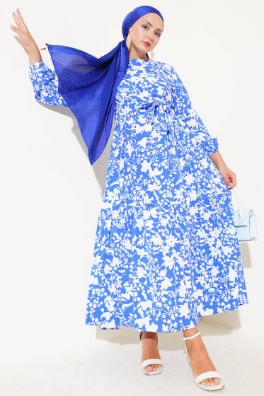 Kuşaklı Etnik Desen Elbise Saks - Elbise