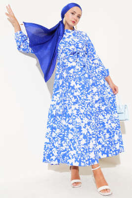 Kuşaklı Etnik Desen Elbise Saks 