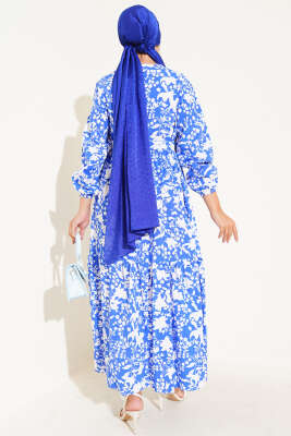 Kuşaklı Etnik Desen Elbise Saks - Tesettür Elbise