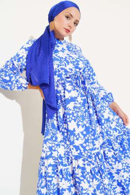 Kuşaklı Etnik Desen Elbise Saks - Tesettür Elbise