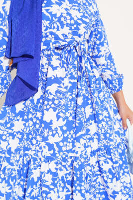 Kuşaklı Etnik Desen Elbise Saks - Tesettür Elbise