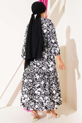 Kuşaklı Etnik Desen Elbise Siyah - Tesettür Elbise