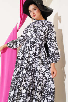 Kuşaklı Etnik Desen Elbise Siyah 